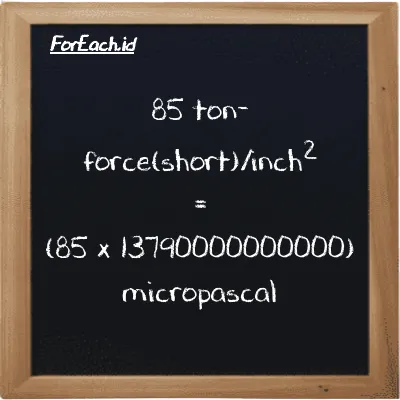 85 ton-force(short)/inch<sup>2</sup> is equivalent to 1172100000000000 micropascal (85 tf/in<sup>2</sup> is equivalent to 1172100000000000 µPa)